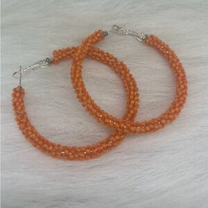 Handmade Earrings, Orange Petite Beads, Silver Dangle Hoop Earrings.